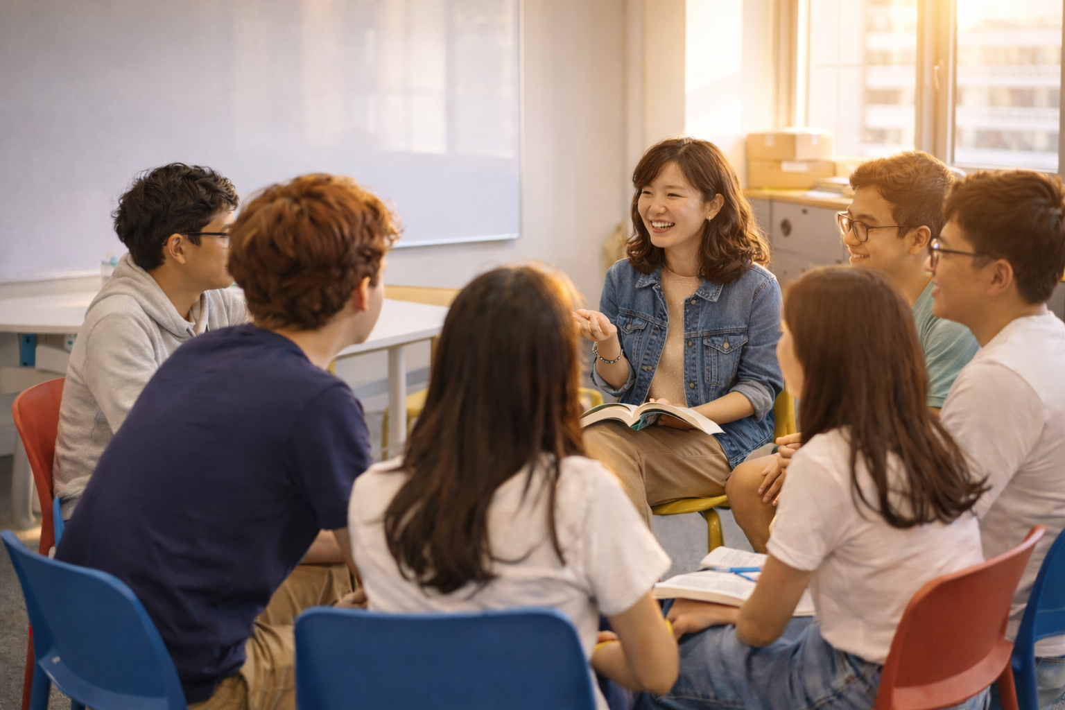 Classroom discussion in the afternoon light — after-school Korean programme