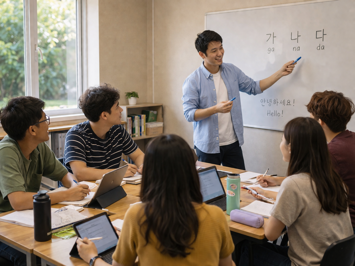 Engaged learning in a modern classroom — students learning Korean with their teacher